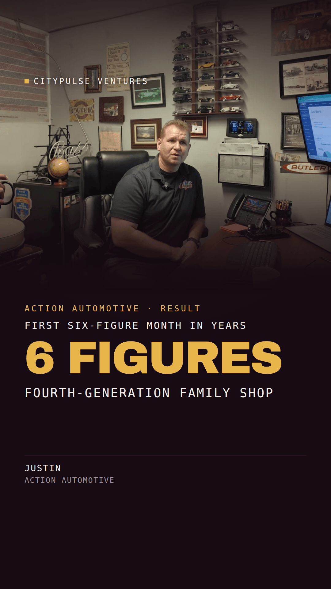 Action Automotive result card: first six-figure month in years at this fourth-generation family shop. Justin, Action Automotive.