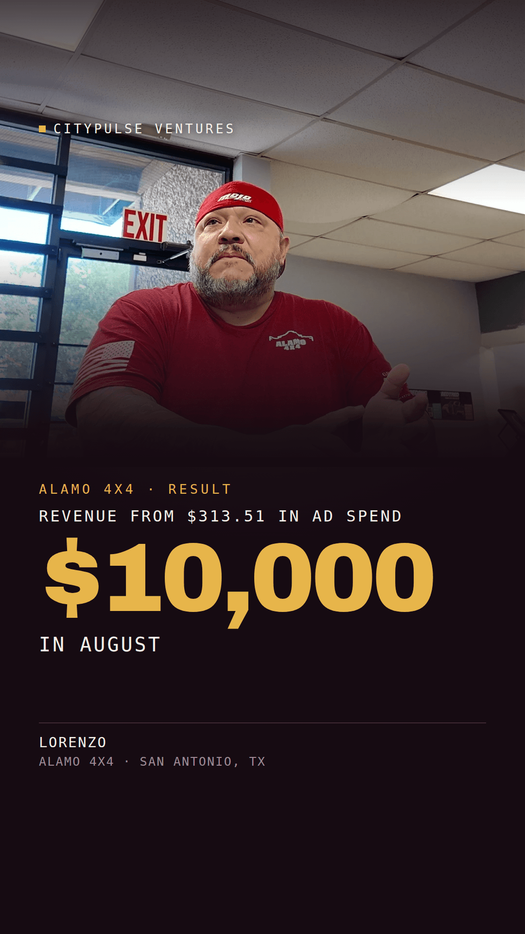 Alamo 4x4 result card: $10,000 in revenue in August from $313.51 in ad spend. Lorenzo, Alamo 4x4, San Antonio, Texas.