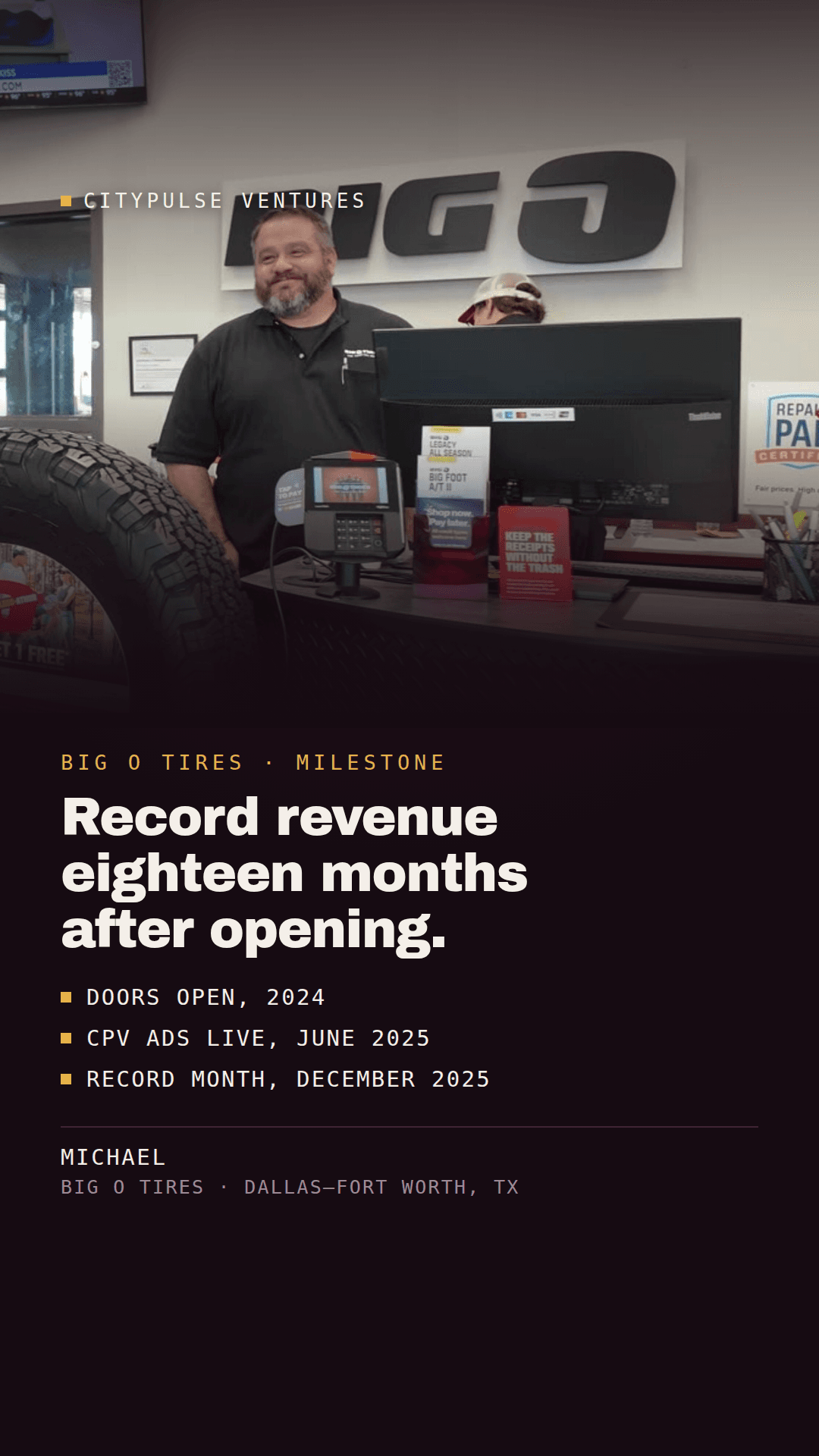 Big O Tires result card: record revenue eighteen months after opening. Doors open 2024, CPV ads live June 2025, record month December 2025. Michael, Dallas-Fort Worth, Texas.
