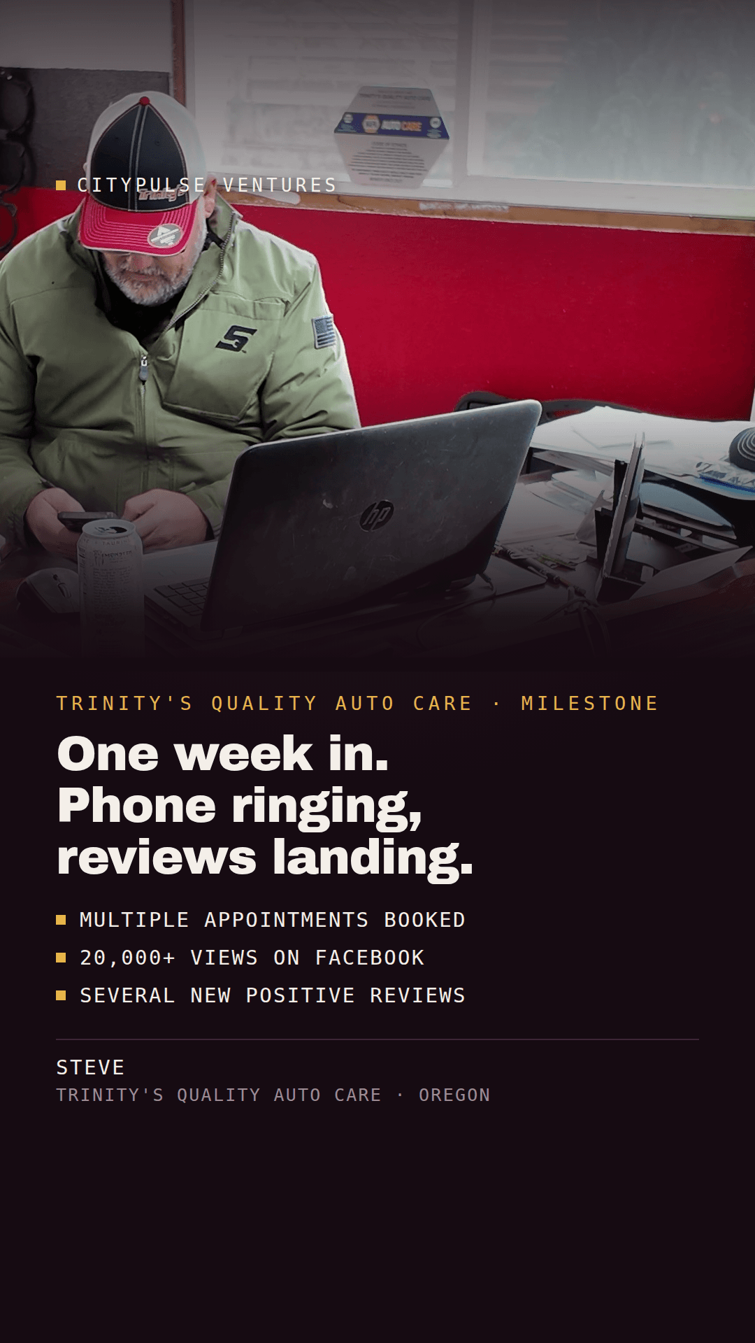 Trinity's Quality Auto Care result card: one week in, phone ringing and reviews landing. Multiple appointments booked, 20,000+ views on Facebook, several new positive reviews. Steve, Oregon.